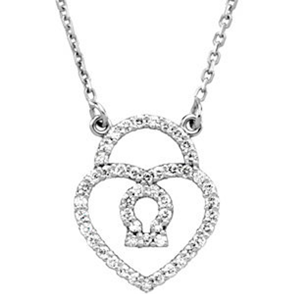 This 14k white gold pendant features a diamond heart padlock 16" necklace adorned with round diamonds. Diamonds are 1/4ctw, G-H in color, and I1 or better in clarity.