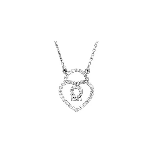 This 14k white gold pendant features a diamond heart padlock 16" necklace adorned with round diamonds. Diamonds are 1/4ctw, G-H in color, and I1 or better in clarity.
