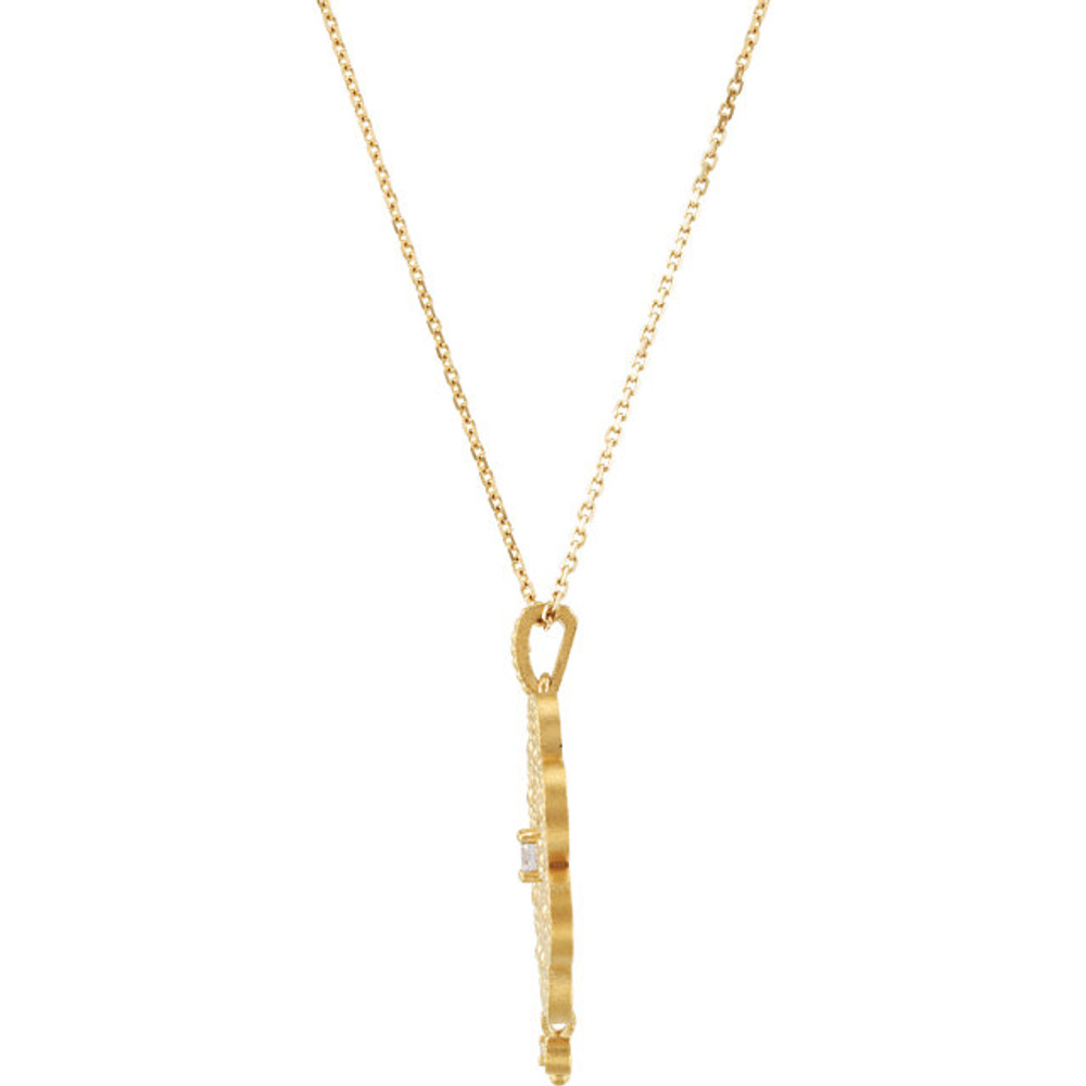 Granulated Design 18" Necklace In 14K Yellow Gold and measures 19.60x21.10mm. Diamonds are 1/10 ct. tw, G-H in color and I1 or better in clarity. Polished to a brilliant shine.