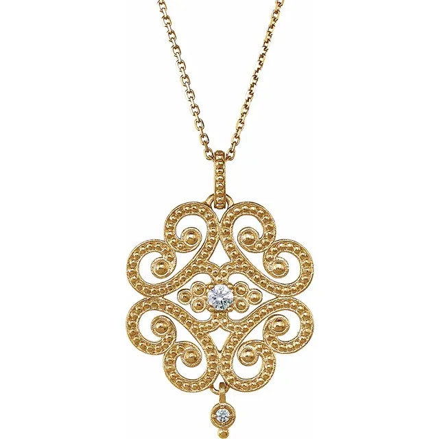 Granulated Design 18" Necklace In 14K Yellow Gold and measures 19.60x21.10mm. Diamonds are 1/10 ct. tw, G-H in color and I1 or better in clarity. Polished to a brilliant shine.