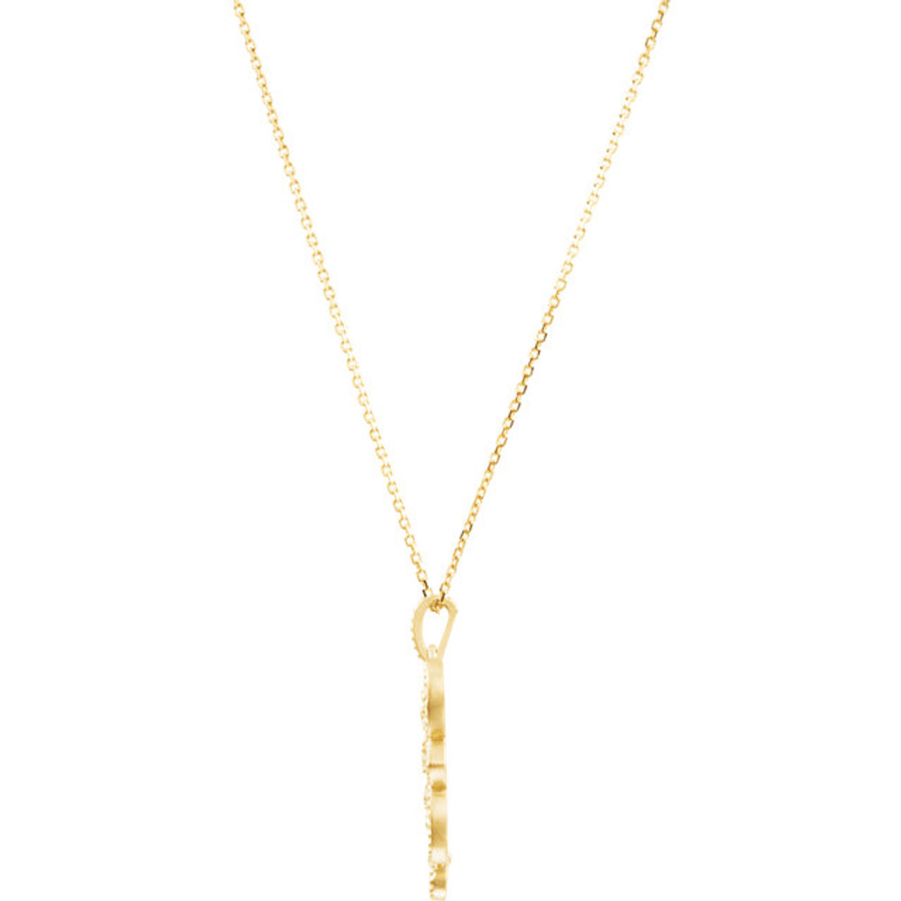 Granulated Design 18" Necklace In 14K Yellow Gold and measures 27.50x13.70mm. Diamonds are 1/8 ct. tw, G-H in color and I1 or better in clarity. Polished to a brilliant shine.