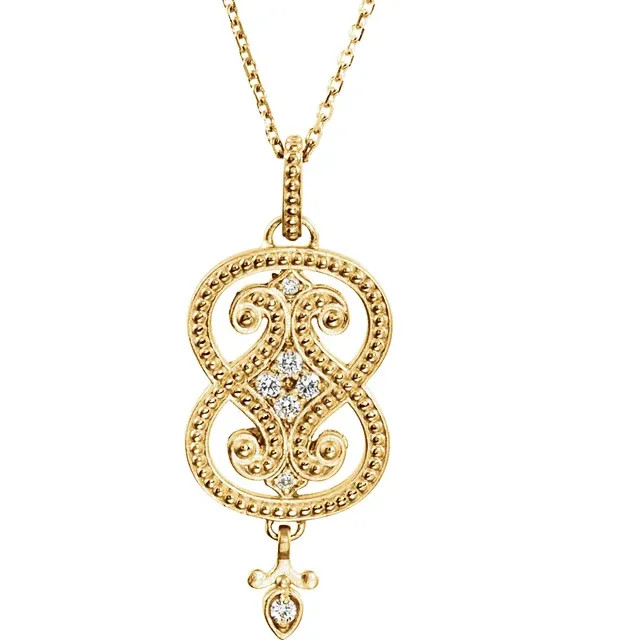 Granulated Design 18" Necklace In 14K Yellow Gold and measures 29.90x12.30mm. Diamonds are .08 ct. tw, G-H in color and I1 or better in clarity. Polished to a brilliant shine.