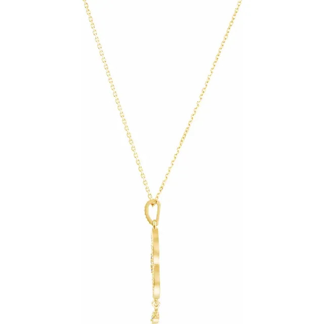 Granulated Design 18" Necklace In 14K Yellow Gold and measures 29.90x12.30mm. Diamonds are .08 ct. tw, G-H in color and I1 or better in clarity. Polished to a brilliant shine.