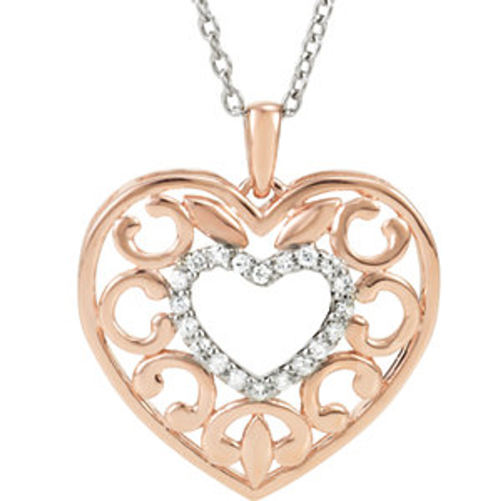 14K rose plating diamond 18" necklace set in Sterling Silver with 1/10 ct. tw. Say "I love you" to any woman in your life; a friend, mother, wife, girlfriend, daughter. Perfect for any age. Polished to a brilliant shine.