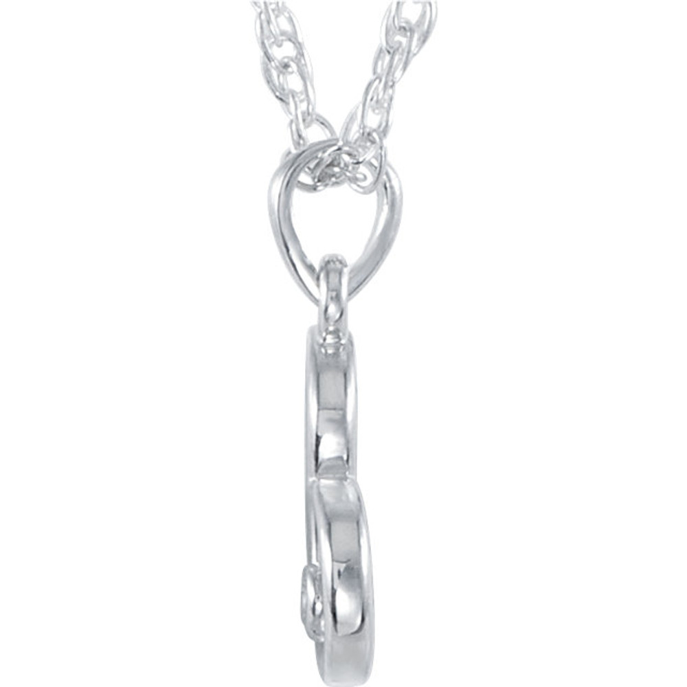 This pendant features a romantic heart with a genuine round cut diamond in sterling silver. Diamonds are .03ctw, G-H in color, and I2 or better in clarity. Pendant is presented on an 18 inch solid rope chain.