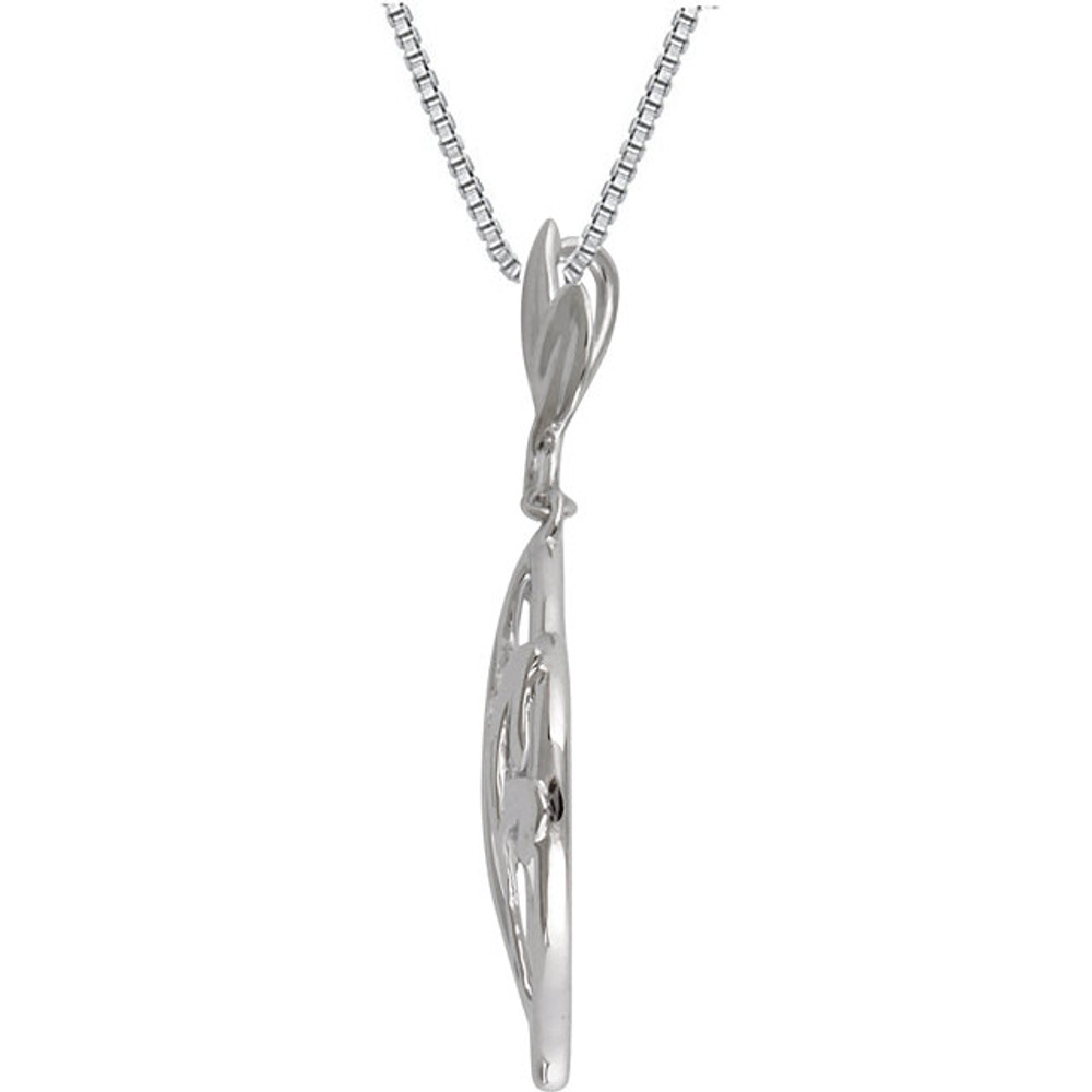14K Solid White Gold & Genuine Diamonds Leaf Inspired Design Necklace featuring .05 ct. tw. genuine diamonds (H+ color,  l1 Clarity). The pendant  is hung from polished 18" 14K Solid White Gold Chain.  It is perfect for all occasions, elegant and versatile. The wearer will never want to leave home without it.