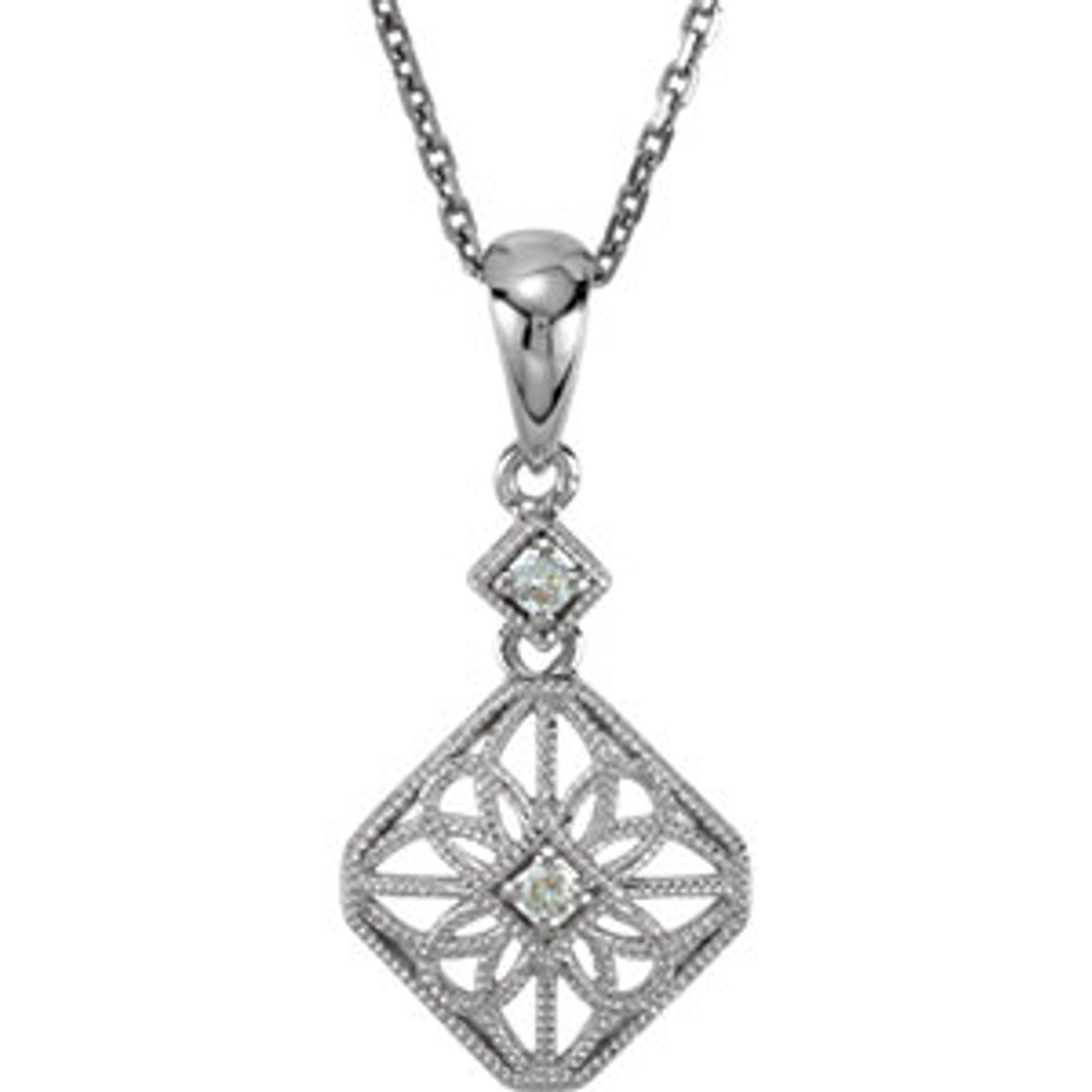 Altogether amazing, the .06 ct. tw. round cut diamond 18" filigree necklace in 14kt white gold is just the right piece. This Necklace is sure to impress. Adding some style with luxurious 14kt white gold. This elegant piece features beautiful round cut diamond. .06 ct. This necklace is undeniably a fashion-forward look and masterfully crafted with a bright polished shine.