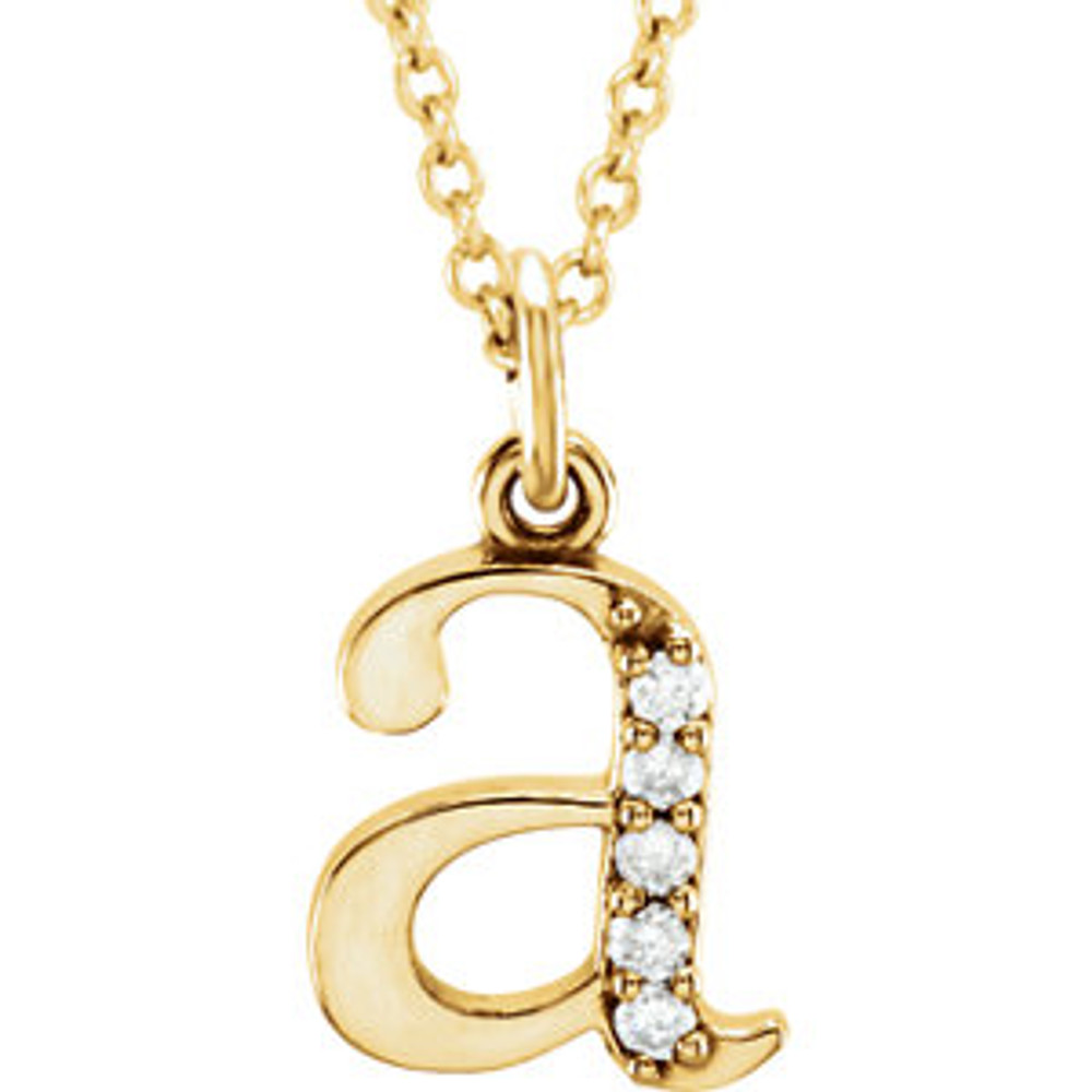 Destined to become a treasured addition to anyone's collection, the .03 ct tw diamond letter "a" 16 lowercase initial necklace in 14k Yellow Gold is as brilliant as it is elegant. Show off this wonderful Necklace with any and every outfit. This exquisite piece is beautifully crafted in brilliant 14k Yellow Gold for a stunning impression. This magnificent piece sparkles with shimmering diamond. .03 ct. This necklace is 16 Surely designed to impress.