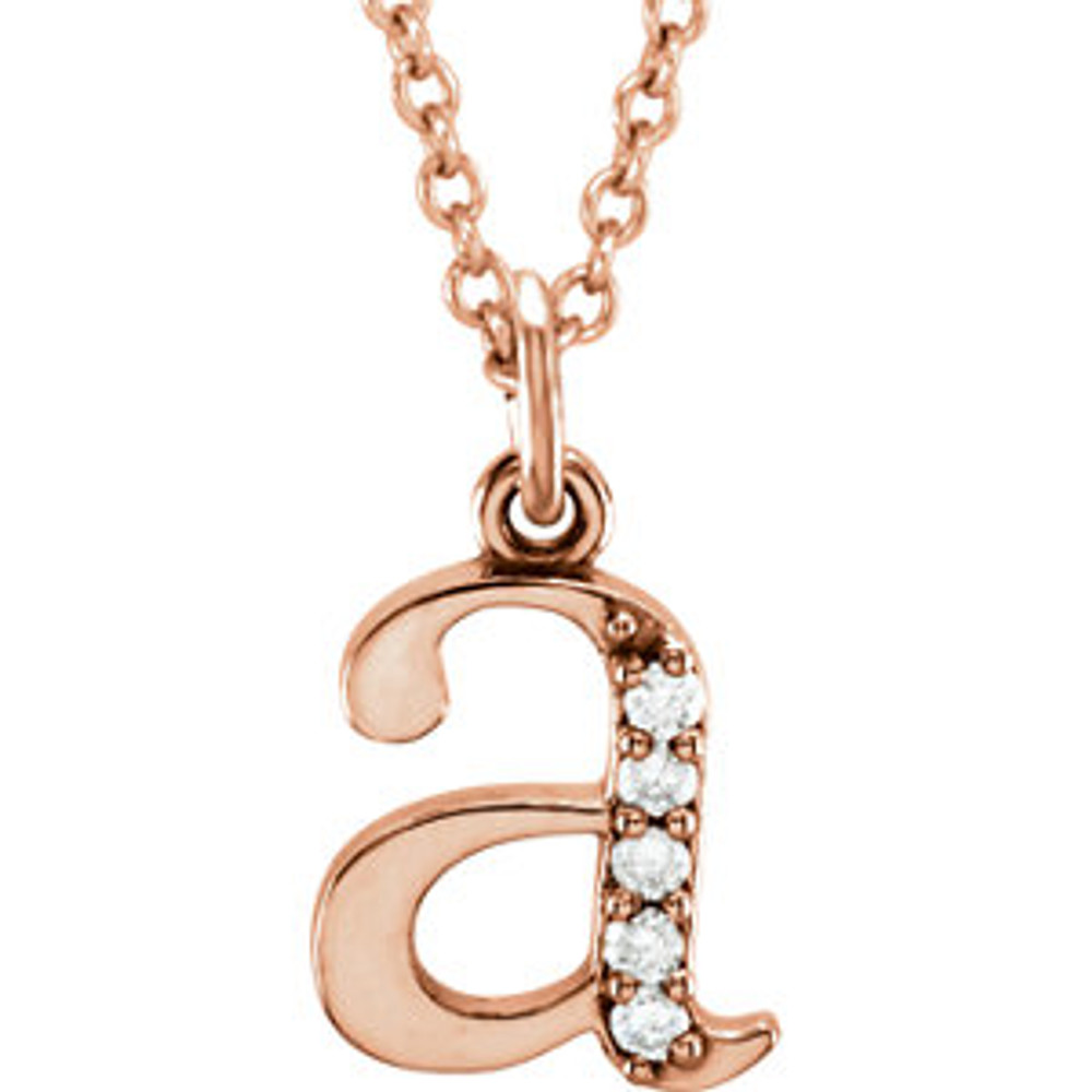 Destined to become a treasured addition to anyone's collection, the .03 ct tw diamond letter "a" 16 lowercase initial necklace in 14k Rose Gold is as brilliant as it is elegant. Show off this wonderful Necklace with any and every outfit. This exquisite piece is beautifully crafted in brilliant 14k Rose Gold for a stunning impression. This magnificent piece sparkles with shimmering diamond. .03 ct. This necklace is 16 Surely designed to impress.