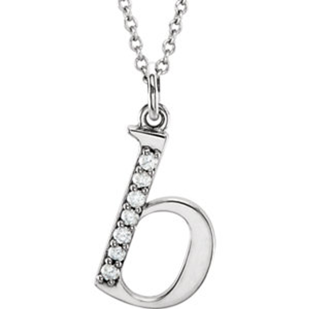 Destined to become a treasured addition to anyone's collection, the .04 ct tw diamond letter "b" 16 lowercase initial necklace in 14k White Gold is as brilliant as it is elegant. Show off this wonderful Necklace with any and every outfit. This exquisite piece is beautifully crafted in brilliant 14k White Gold for a stunning impression. This magnificent piece sparkles with shimmering diamond. .04 ct. This necklace is 16 Surely designed to impress.