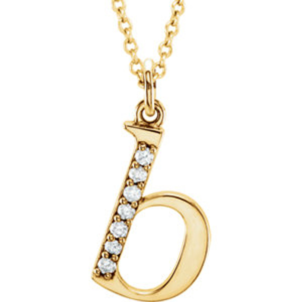 Destined to become a treasured addition to anyone's collection, the .04 ct tw diamond letter "b" 16 lowercase initial necklace in 14k Yellow Gold is as brilliant as it is elegant. Show off this wonderful Necklace with any and every outfit. This exquisite piece is beautifully crafted in brilliant 14k Yellow Gold for a stunning impression. This magnificent piece sparkles with shimmering diamond. .04 ct. This necklace is 16 Surely designed to impress.