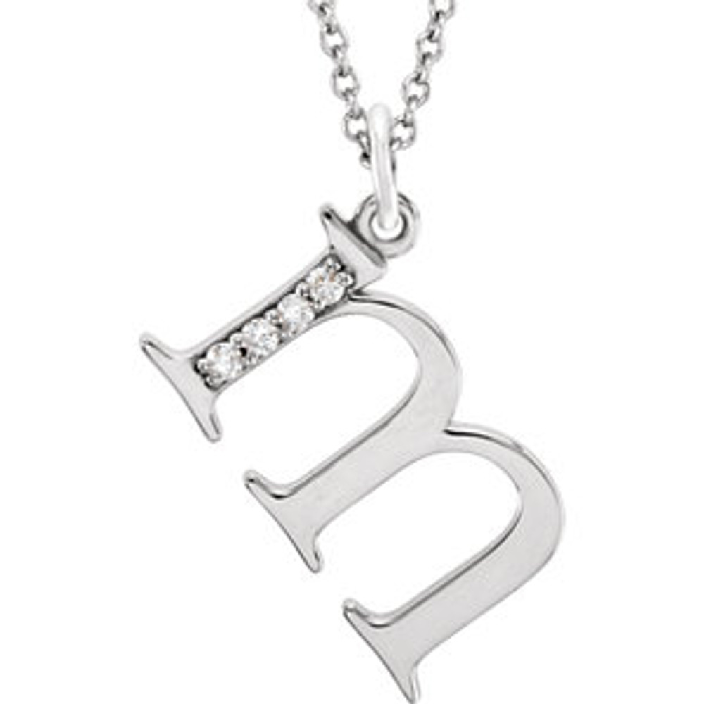 This .025 ct tw diamond letter "m" 16 lowercase initial necklace in 14kt white gold offers a great look and flawless design. Surely a beautiful Necklace that belongs in every collection. Fashioned in 14kt white gold, making for a beautifully polished piece. This exquisite piece is beautifully crafted with diamond for a truly stunning feel. .025 ct. This necklace is 16 Surely designed to impress.

This piece is made to order and ships in 7-10 days.