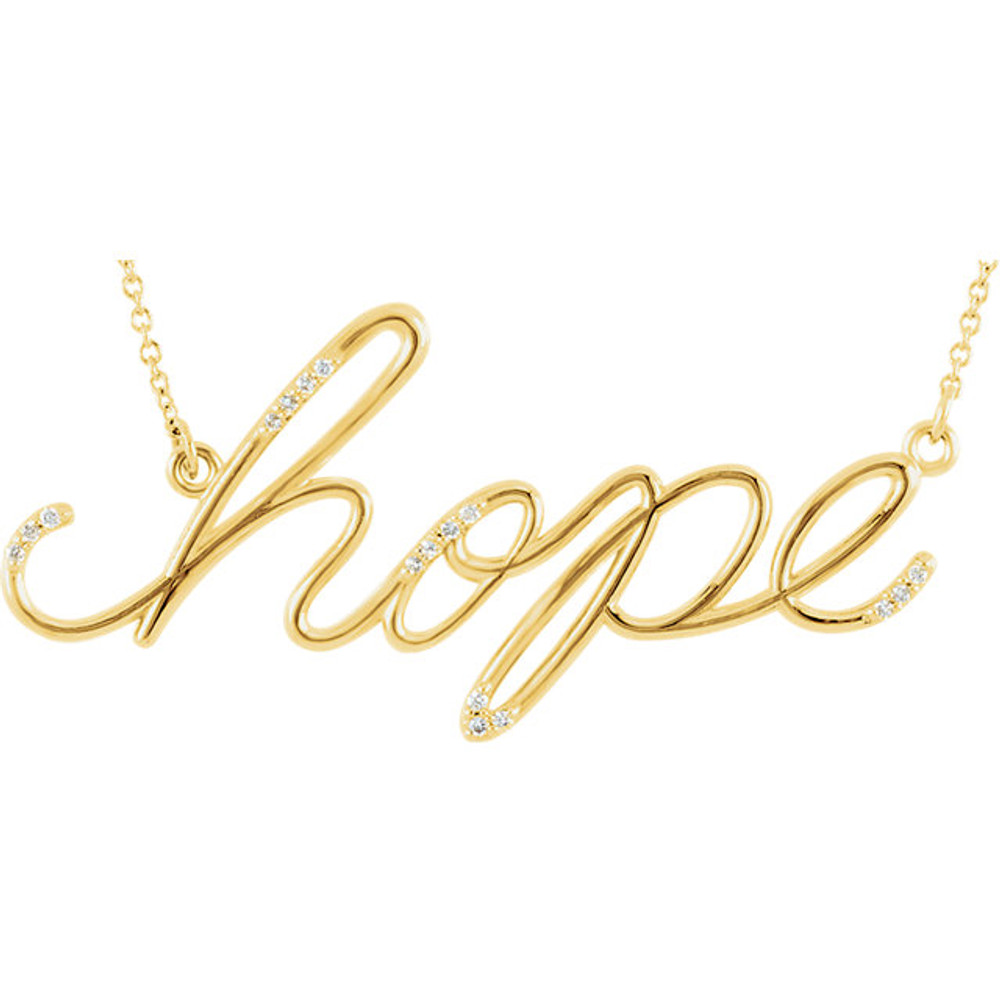 14K Solid White, Yellow or Rose Gold Genuine Diamonds "Hope" Chain Necklace featuring a 0.08 ct. tw. round genuine diamonds. It is set in your choice of brightly polished Solid 14K White, Yellow or Rose Gold. It is a truly unique and a fantastic choice.