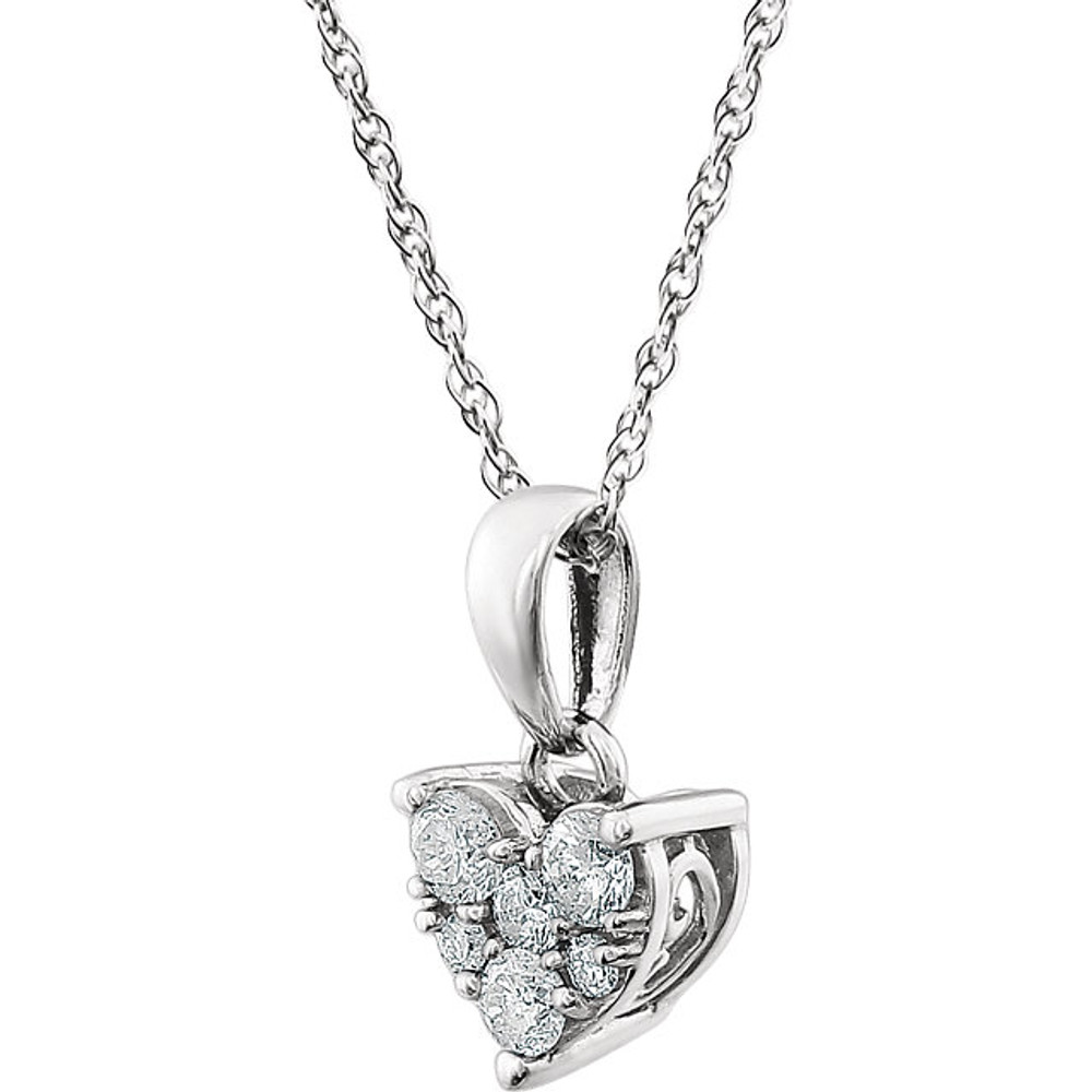 Love is all around and express your romantic side with this heart necklace. This cluster style heart necklace with diamonds set in 14k white gold is a perfect gift for someone you love.