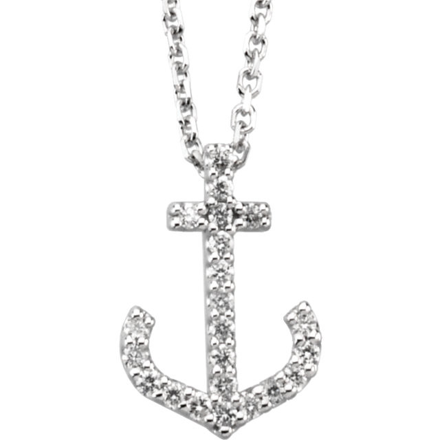 For a nautical adventurous look, the designer crafted diamond necklace following an anchor outline. Starting with a base of white, yellow or rose gold, this necklace is embedded with twenty-two round diamonds (1/8 carat) that follow the arms of the anchor all the way up to their tops. A fine display of craft and jewel fantasy.