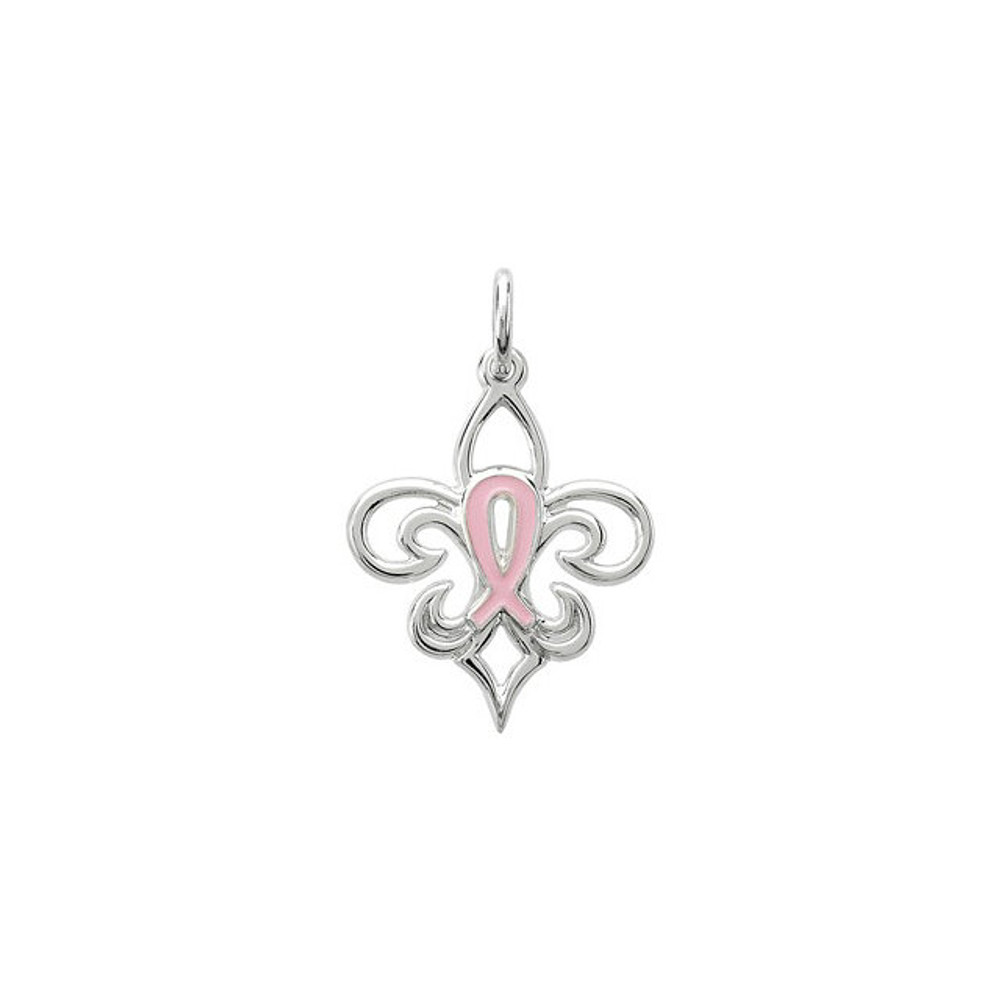 Fashioned from high-polished sterling silver with a distinctive, fleur-de-lis design, this lovely, Pink Pourri™ breast cancer awareness charm pendant features a pink enameled breast cancer awareness symbol in the center of the pendant. This small pendant measures approximately 13/16" in length and can be worn as either a charm or a small pendant.