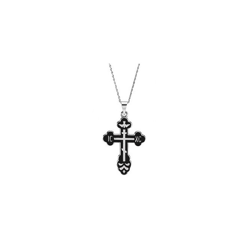 St. Xena Cross in sterling silver and measures 28.50x19.00mm. The necklace is a solid curb link flat chain that is 18.00 inches in length made in sterling silver. Polished to a brilliant shine. 