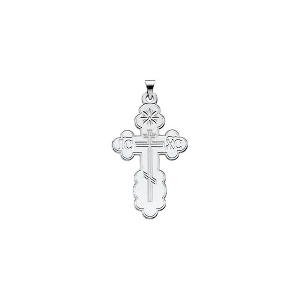 Love for religion is truly something to celebrate. Orthodox (St. Olga Cross) Pendant in sterling silver measures 32.00x21.00mm and has a bright polish to shine. "Protect and Save" is inscribed on the back (in Russian).