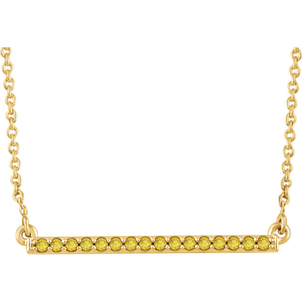 Raise the fashion bar with this elegant and eye-catching necklace. Expertly crafted In 14K yellow gold, this straight bar-shaped design features shimmering sparkling diamonds. A simple-yet-sophisticated look she's certain to adore, this necklace captivates with 1/6 ct. t.w. of diamonds and a polished shine. The look suspends centered along an 18.00-inch chain that secures with a lobster clasp.