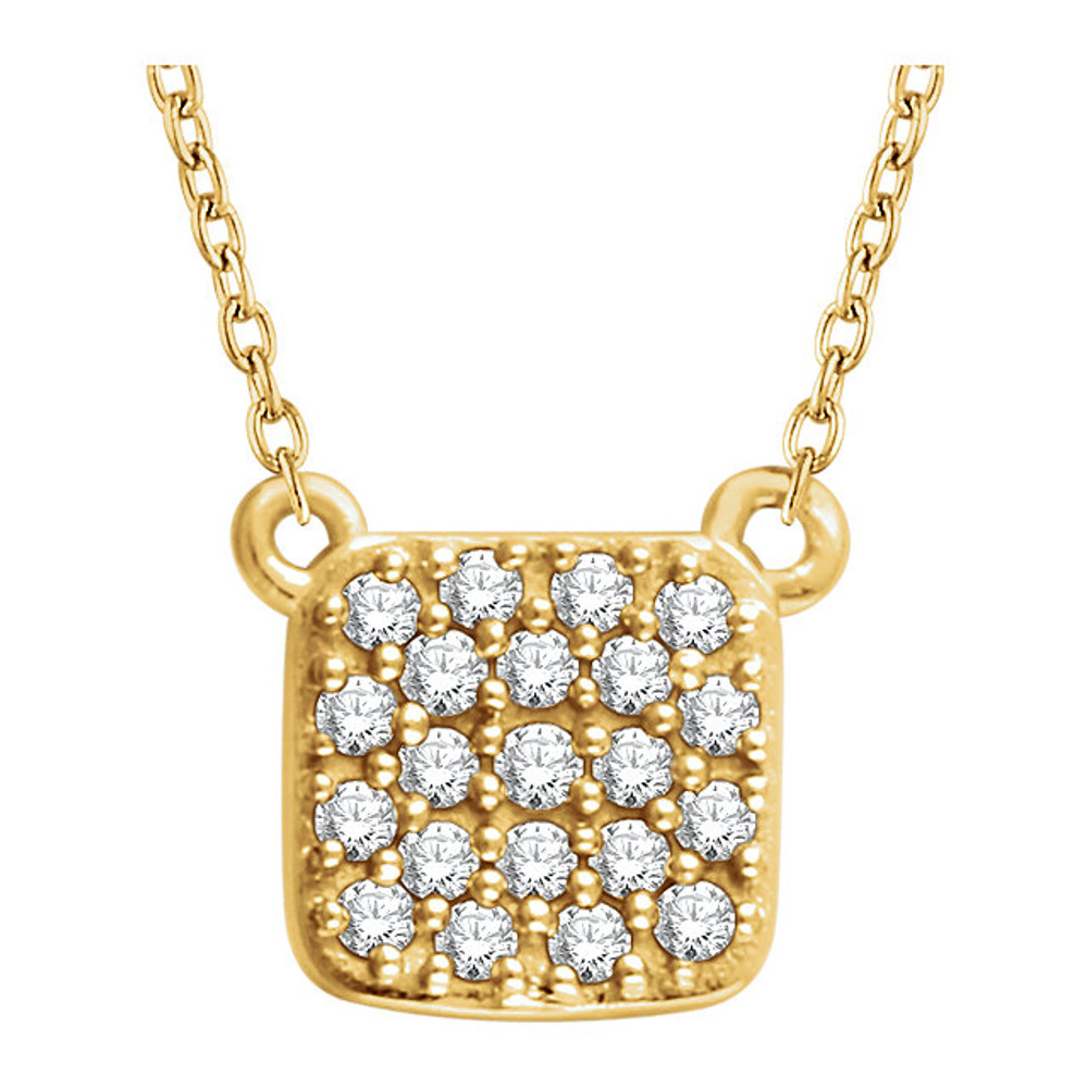 Diamond Square Cluster 18" Necklace, this dazzling diamond pendant complements any attire. Fashioned of sparkling 14k gold, the pendant features 21 round cut diamonds. The square shape adds a sophisticated element to this gorgeous 1/6ctw diamond piece.