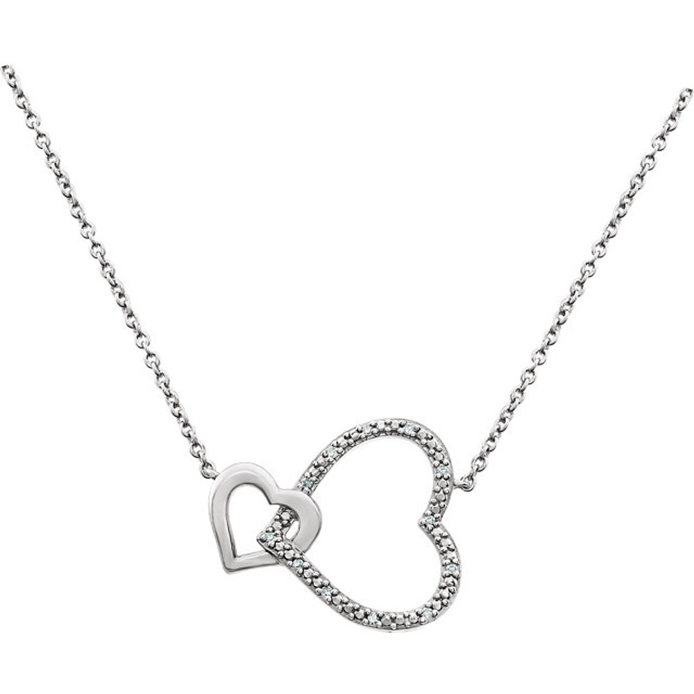 A pair of interlocking hearts swings from this sweet necklace for her. Styled in lustrous sterling silver, the necklace is adorned with diamonds for the perfect touch of brilliance. The pendant has a total diamond weight of .03 carat and is suspended from an 18-inch chain secured with a spring ring clasp.