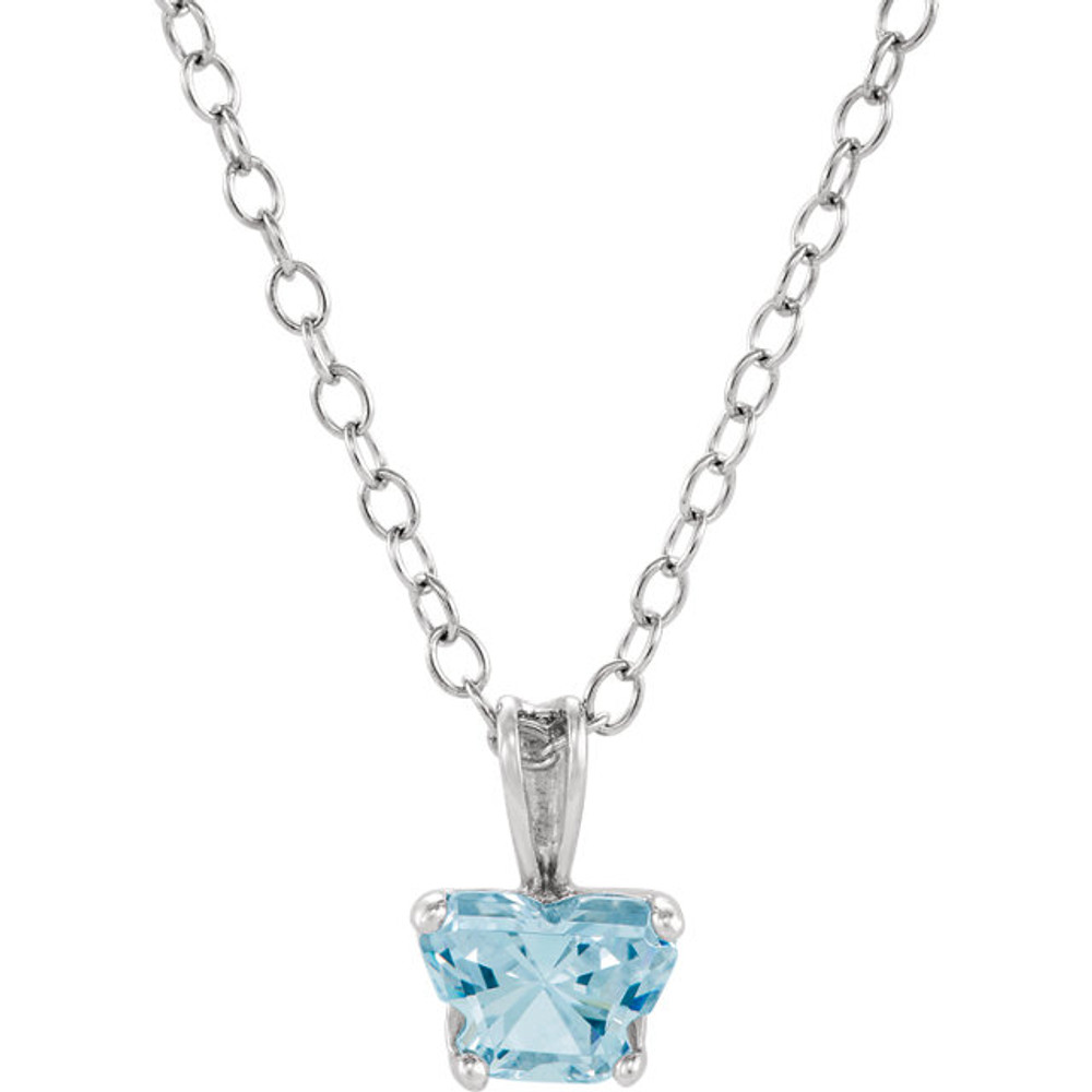 Perfect for your little one, this 14K White gold 14" necklace is designed with one butterfly-shaped aquamarine-colored cubic zirconia stone.