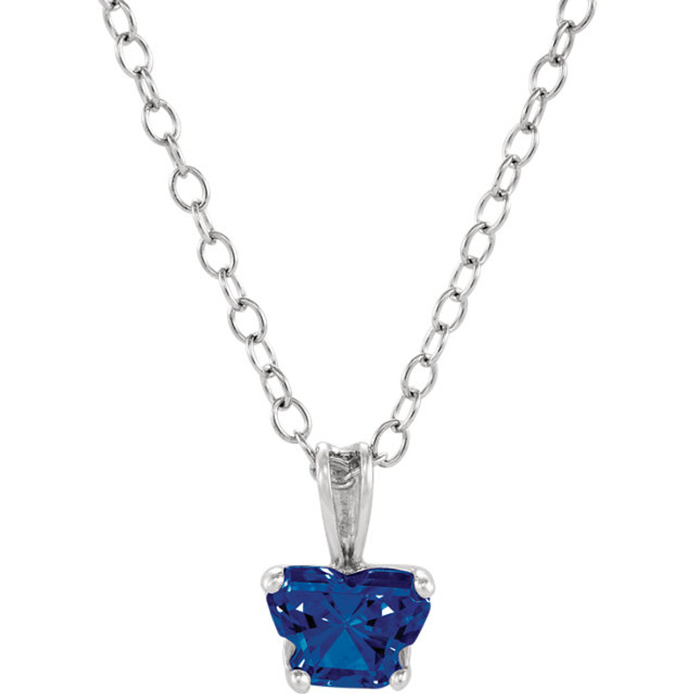 Perfect for your little one, this 14K White Gold 14" necklace is designed with one butterfly-shaped blue sapphire-colored cubic zirconia stone.