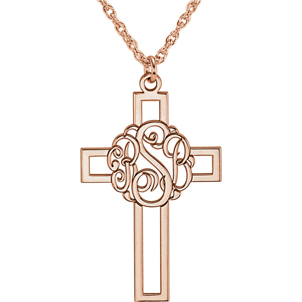 Make your faith personal with this stylish monogram fashion pendant. Created in warm 14K rose gold, this 29x19mm cross pendant can be customized with the three initials of your choice. Enter the initials in the order you would like them, left to right (the center initial will be larger as shown.) Polished to a bright shine, the pendant suspends along an 16.0 or 18.0-inch rope chain that secures with a spring-ring clasp.