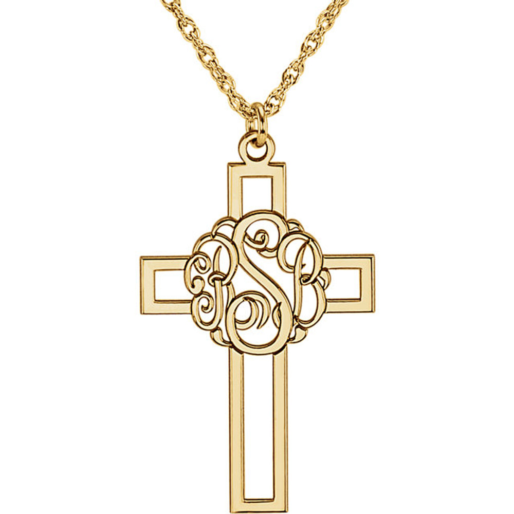 Make your faith personal with this stylish monogram fashion pendant. Created in warm 10K yellow gold, this 29x19mm cross pendant can be customized with the three initials of your choice. Enter the initials in the order you would like them, left to right (the center initial will be larger as shown.) Polished to a bright shine, the pendant suspends along an 16.0 or 18.0-inch rope chain that secures with a spring-ring clasp.