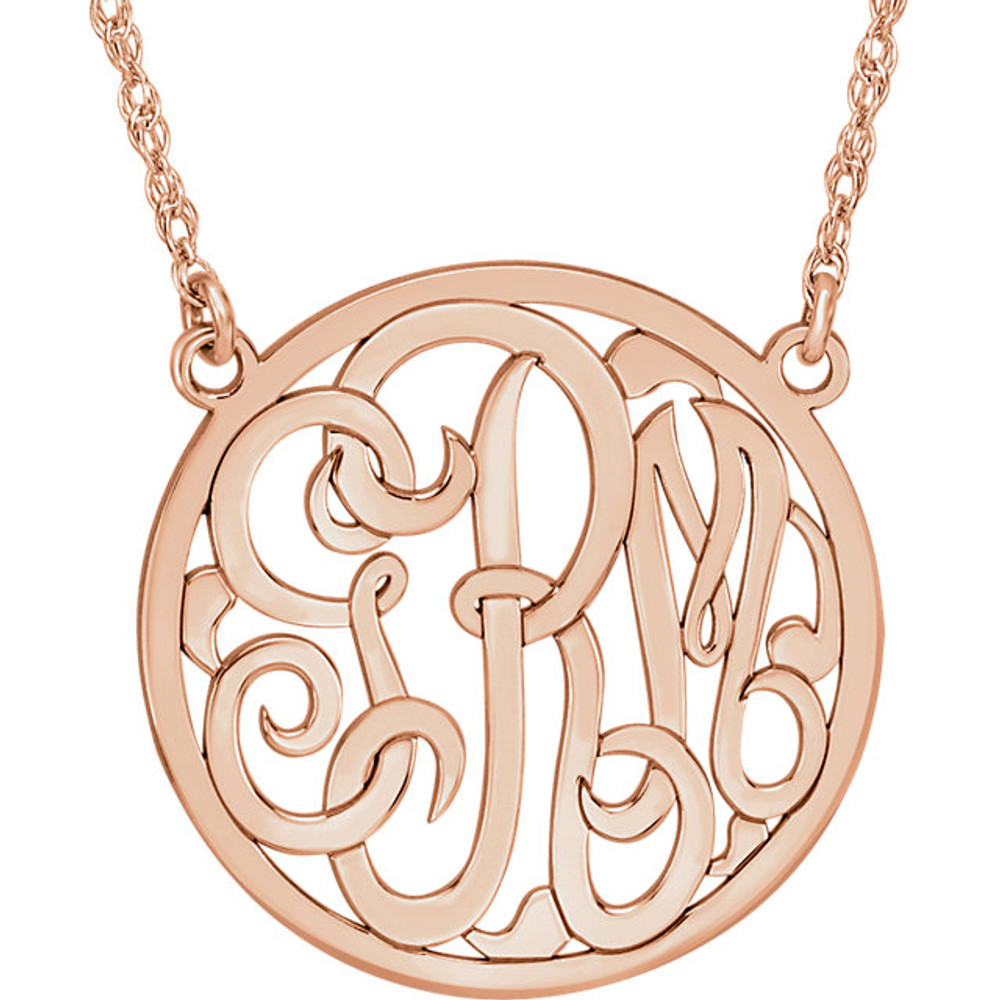 Give her a classic necklace that is personal and individual for her. Fashioned in rose gold/sterling silver, a circle frames three initials of your choice, in an elegant flowing script monogram font. Enter the initials in the order you would like them. Polished to a bright shine, the pendant suspends on a rope chain that secures with a spring-ring clasp.