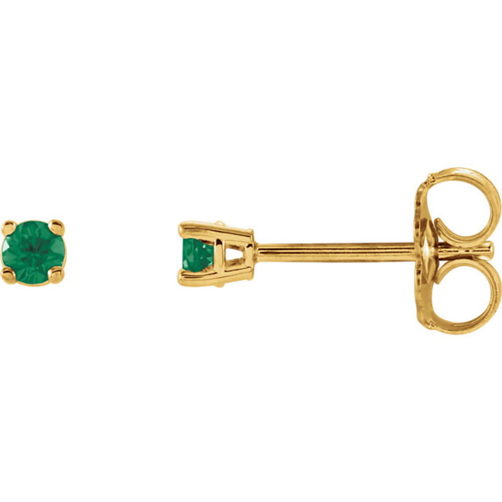 Straightforward in design and unmatched with color, these round-shaped emerald stud earrings are ideal for everyday wear. Brilliant green hues shine through as the 2.5mm gemstones are cradled in four-prong settings. Each eye-catching earring rests on a 14K yellow gold post secured with a friction closure. Emerald is May's precious and romantic birthstone.