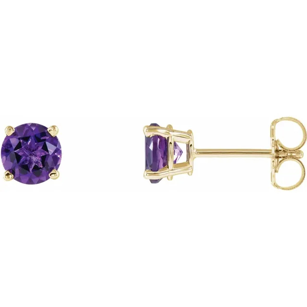 Classic and sophisticated, these genuine amethyst stud earrings are a lovely look any time. Fashioned in sleek 14K yellow gold, each earring features a 5.0mm round purple amethyst in a durable four-prong setting. Polished to a brilliant shine, these earrings secure comfortably with friction backs.