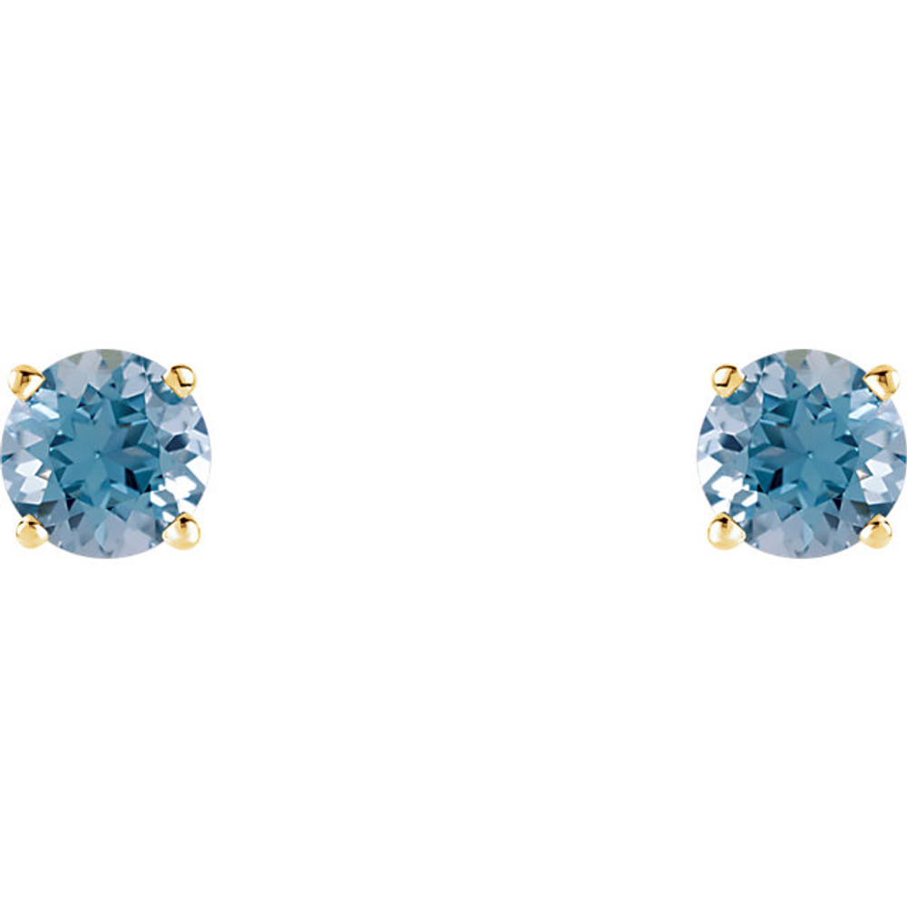 Straightforward in design and unmatched in color, these round-cut, aquamarine stud earrings are ideal for everyday wear. The lush ocean-blue color shines brightly as the 5.0mm gemstones are cradled in four-prong settings. The earrings rest on 14K yellow gold posts, securing with friction backs. These earrings are a thoughtful gift for the March birthday girl.