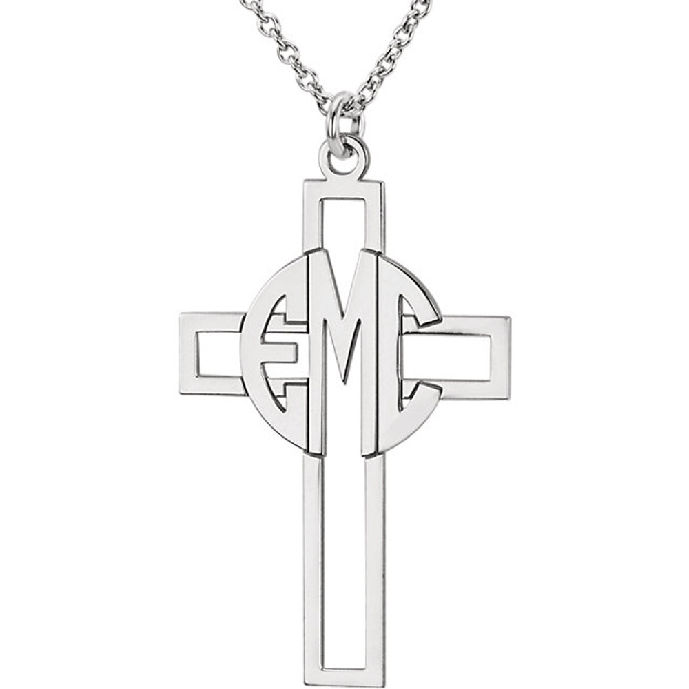 Make your faith personal with this stylish monogram fashion pendant. Created in 14K white gold, this cut-out cross pendant can be customized with the three initials of your choice, sculpted in a bold block monogram font. Enter the initials in the order you would like them, left to right (the center initial will be larger as shown.) Polished to a bright shine, the pendant suspends along an 16.0 or 18.0-inch rope chain that secures with a spring-ring clasp.