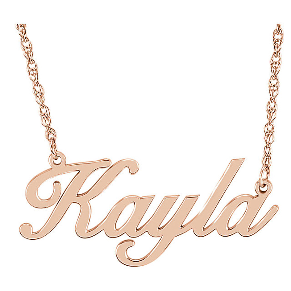 The style is in the spelling! Perfect for the one you love, up to eight characters in length, spelled out in a pretty script font. This warm 14K gold necklace suspends from a 16.0 or 18.0-inch rope chain that secures with a spring-ring clasp. Polished to a brilliant shine.