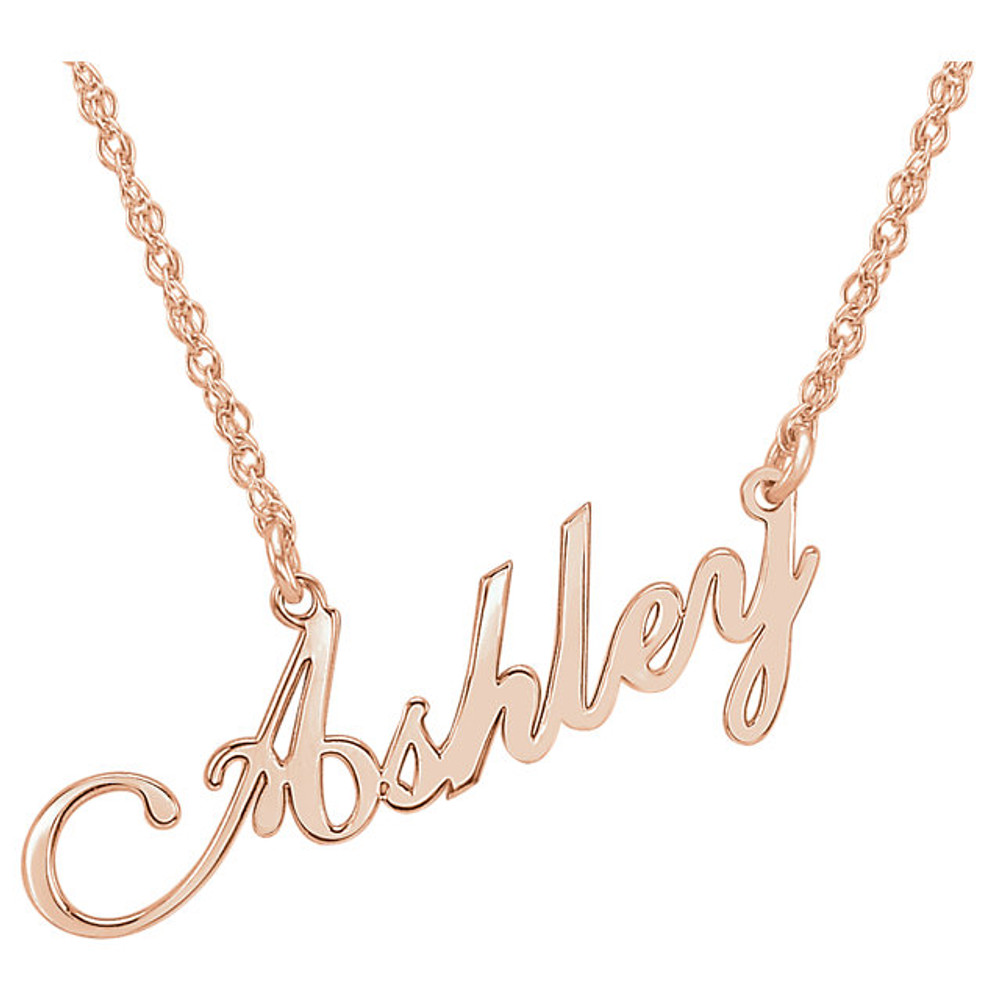 Surprise the special woman in your life with a customized necklace that is uniquely hers. Fashioned in 14k rose gold/sterling silver, this perfectly personalized design features her name, up to eight characters in length. Name can only be a single word, with the first letter capitalized. 14k rose gold/sterling silver nameplate pendant approximately 8x33.5 millimeters.