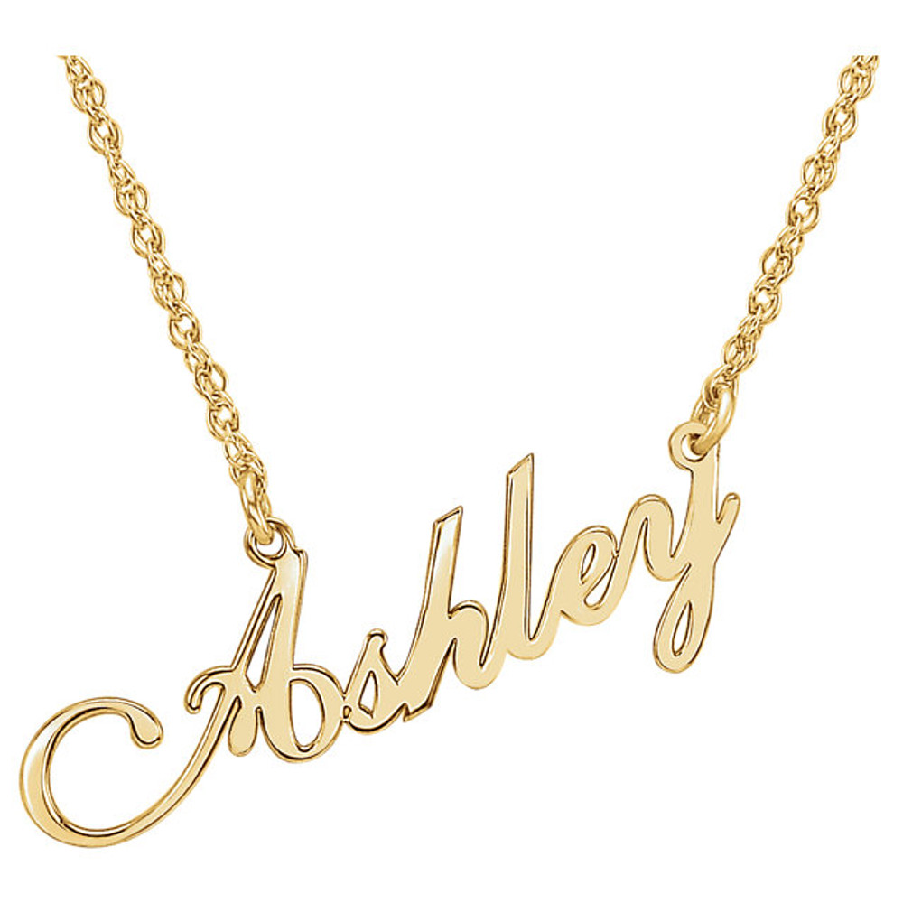Surprise the special woman in your life with a customized necklace that is uniquely hers. Fashioned in 10k yellow gold, this perfectly personalized design features her name, up to eight characters in length. Name can only be a single word, with the first letter capitalized. 10k yellow gold nameplate pendant approximately 8x33.5 millimeters.