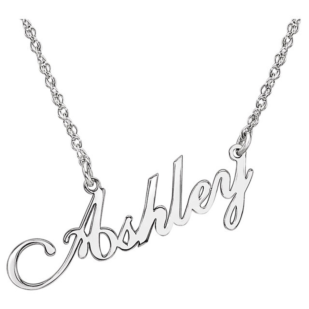 Surprise the special woman in your life with a customized necklace that is uniquely hers. Fashioned in 10k white gold, this perfectly personalized design features her name, up to eight characters in length. Name can only be a single word, with the first letter capitalized. 10k white gold nameplate pendant approximately 8x33.5 millimeters.