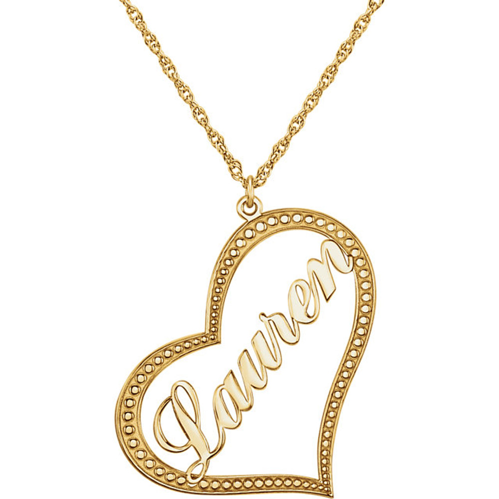 Make her day with a charming 10K yellow gold open heart pendant customized just for her. Perfect for everyday wear, her name, up to eight characters in length, is beautifully written in script-style letters diagonally across the center. The heart itself features a dotted border for extra shine. Designed to hang close to her heart, this style suspends from a 16.0 or 18.0-inch rope chain and secures with a spring-ring clasp. 10k yellow gold nameplate pendant approximately 30.0x33.0 millimeters.