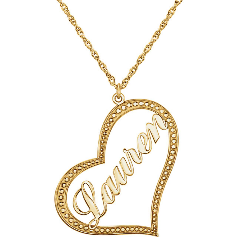 Make her day with a charming 14K yellow gold open heart pendant customized just for her. Perfect for everyday wear, her name, up to eight characters in length, is beautifully written in script-style letters diagonally across the center. The heart itself features a dotted border for extra shine. Designed to hang close to her heart, this style suspends from a 16.0 or 18.0-inch rope chain and secures with a spring-ring clasp. 14k yellow gold nameplate pendant approximately 30.0x33.0 millimeters.