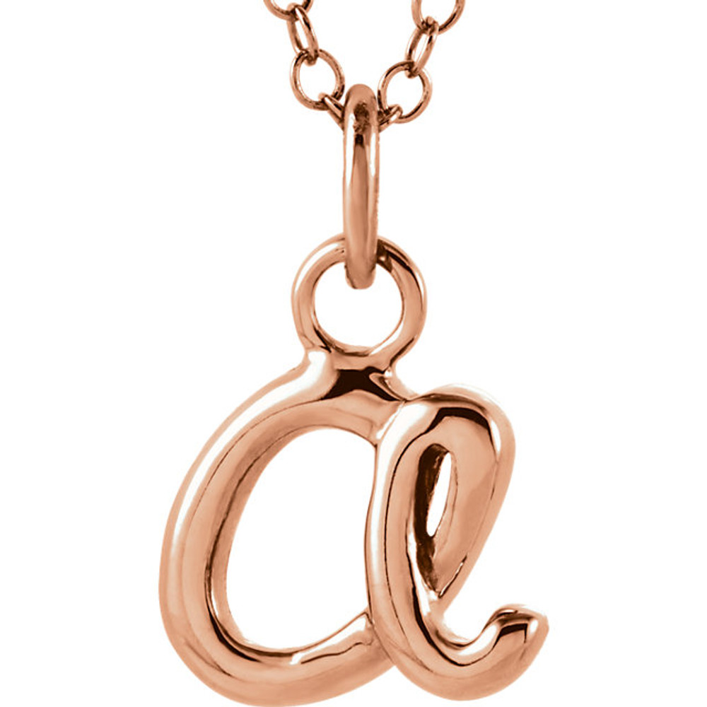 Express your individuality with this beautiful, lower case script initial necklace rendered in polished 14k gold. The petite pendant is approximately 9.5mm (3/8 Inch) in width. The 1.3mm open cable chain closes with a lobster clasp and is 18 inches in length.