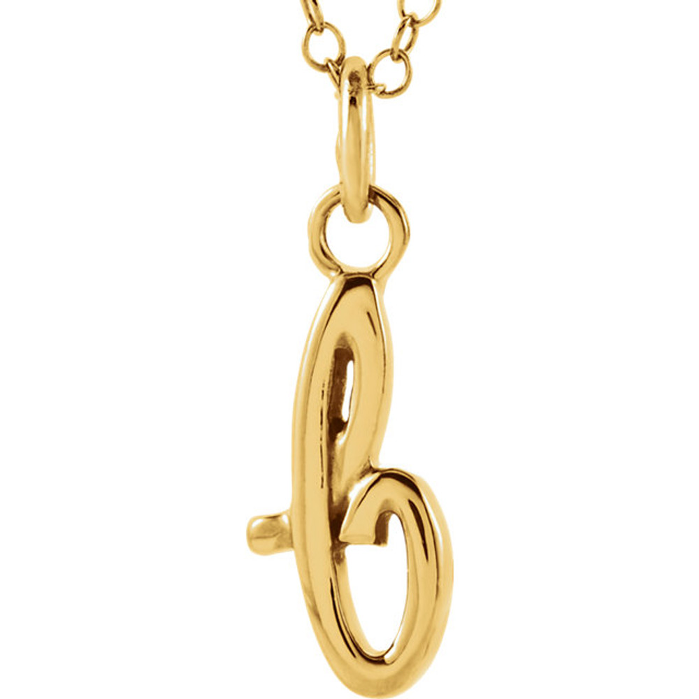 Express your individuality with this beautiful, lower case script initial necklace rendered in polished 14k gold. The petite pendant is approximately 8.5mm in width. The 1.3mm open cable chain closes with a lobster clasp and is 18 inches in length.