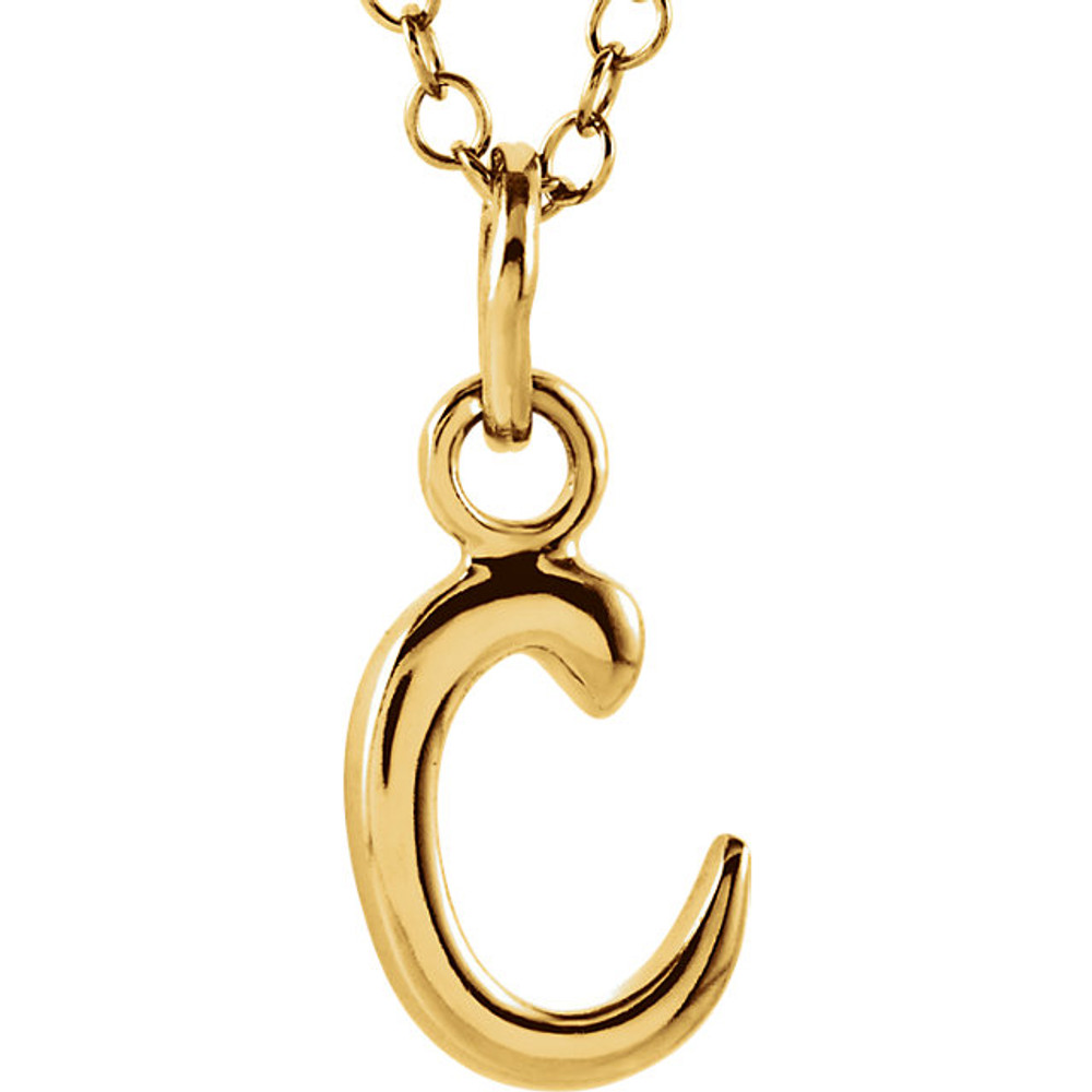 Express your individuality with this beautiful, lower case script initial necklace rendered in polished 14k gold. The petite pendant is approximately 6.10mm in width. The 1.3mm open cable chain closes with a lobster clasp and is 18 inches in length.