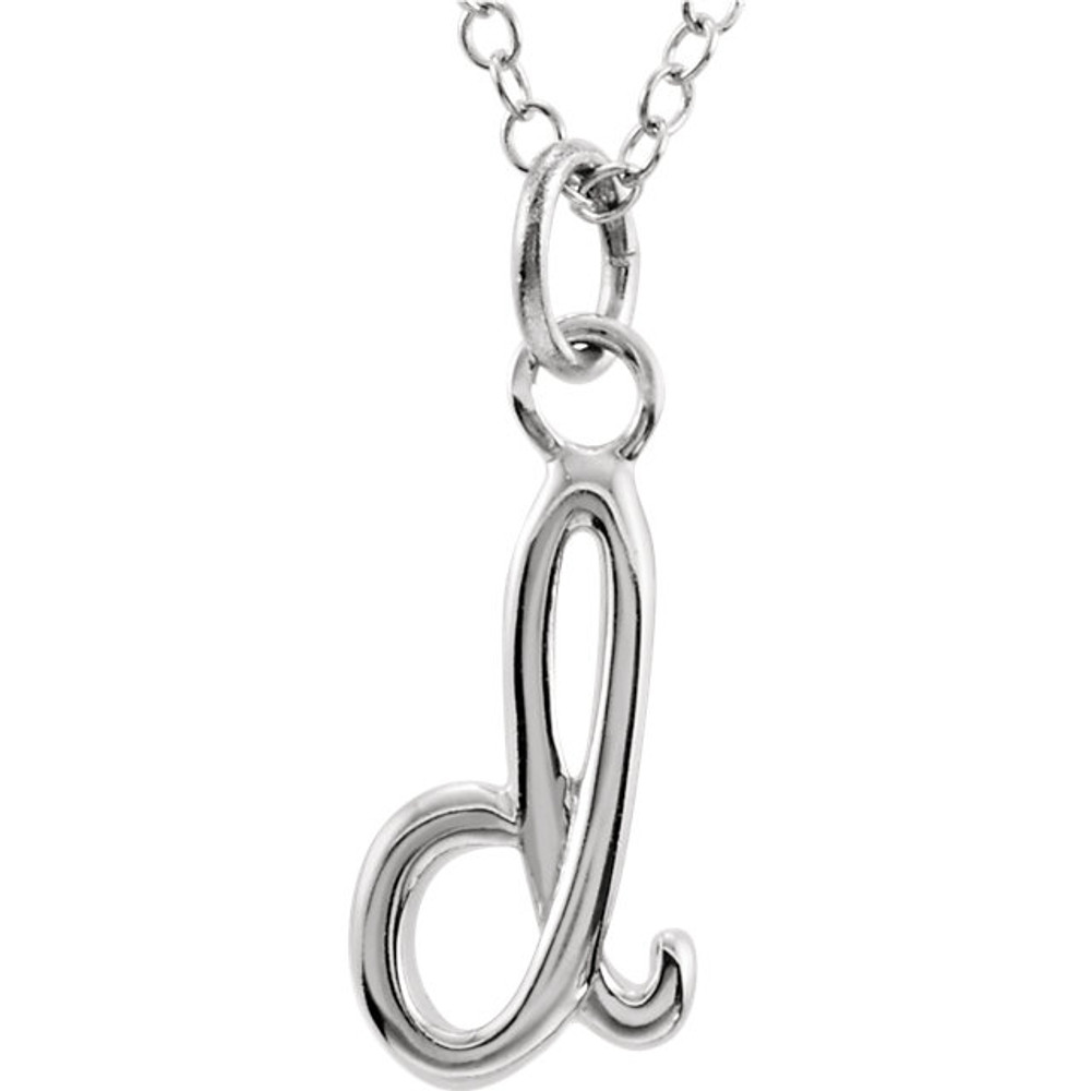 Express your individuality with this beautiful, lower case script initial necklace rendered in polished 14k gold. The petite pendant is approximately 6.50mm in width. The 1.3mm open cable chain closes with a lobster clasp and is 18 inches in length.