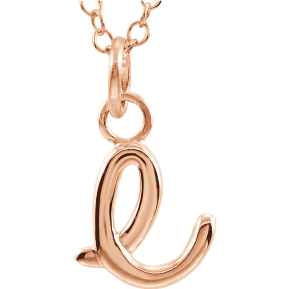 Express your individuality with this beautiful, lower case script initial necklace rendered in polished 14k gold. The petite pendant is approximately 7.60mm in width. The 1.3mm open cable chain closes with a lobster clasp and is 18 inches in length.