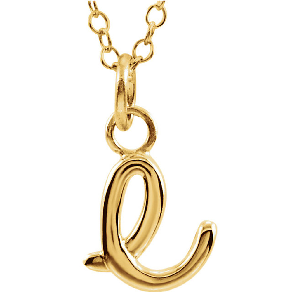 Express your individuality with this beautiful, lower case script initial necklace rendered in polished 14k gold. The petite pendant is approximately 7.60mm in width. The 1.3mm open cable chain closes with a lobster clasp and is 18 inches in length.