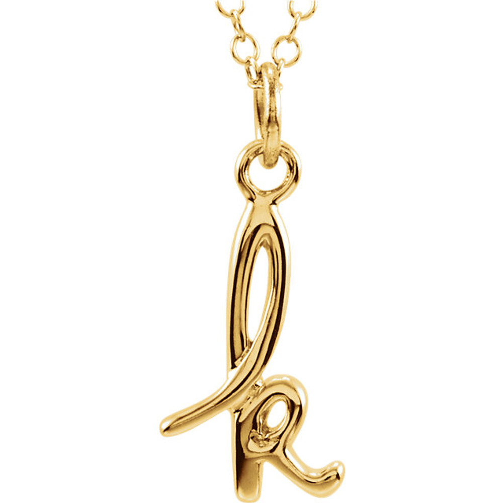 Express your individuality with this beautiful, lower case script initial necklace rendered in polished 14k gold. The petite pendant is approximately 7.80mm in width. The 1.3mm open cable chain closes with a lobster clasp and is 18 inches in length.