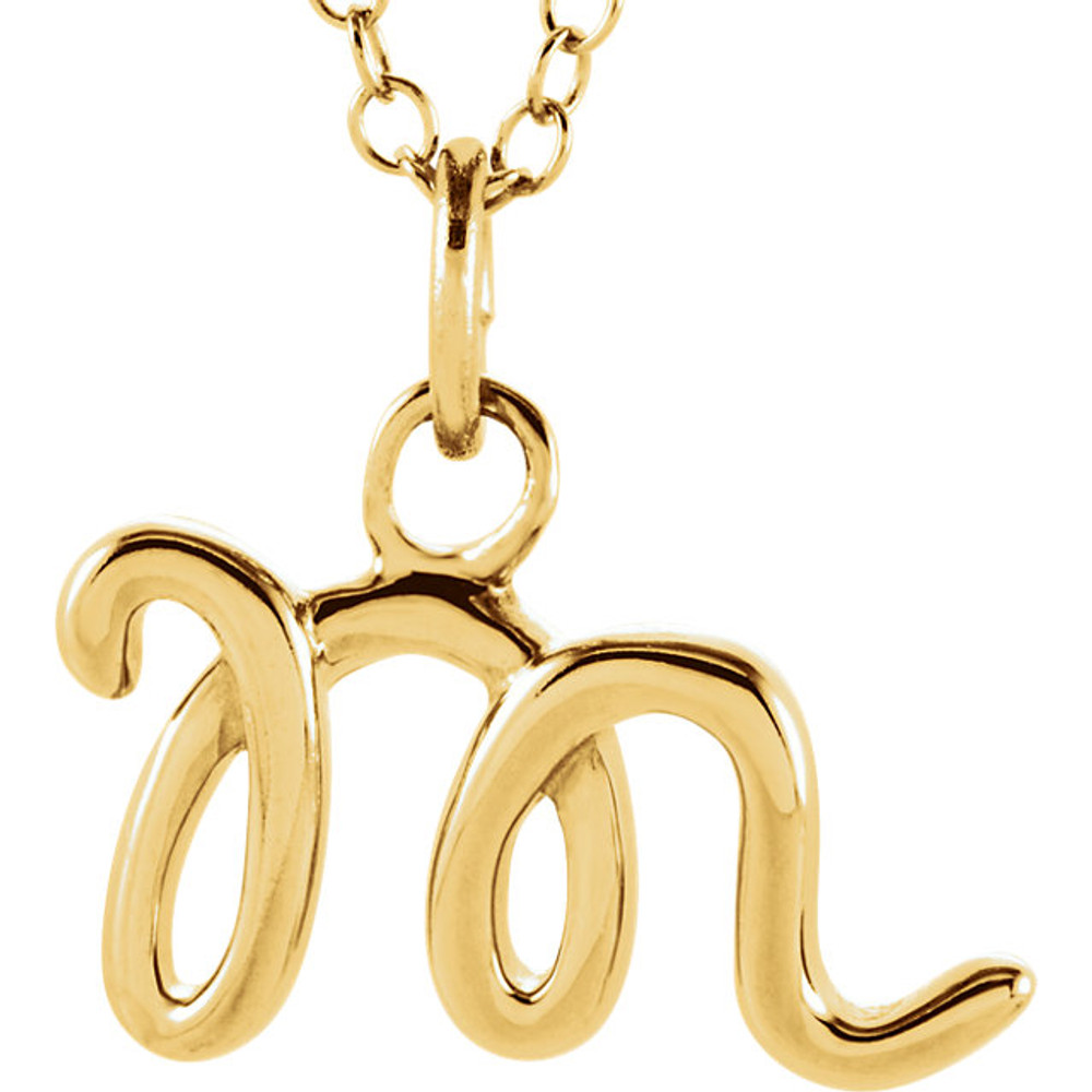 Express your individuality with this beautiful, lower case script initial necklace rendered in polished 14k gold. The petite pendant is approximately 13.60mm in width. The 1.3mm open cable chain closes with a lobster clasp and is 18 inches in length.