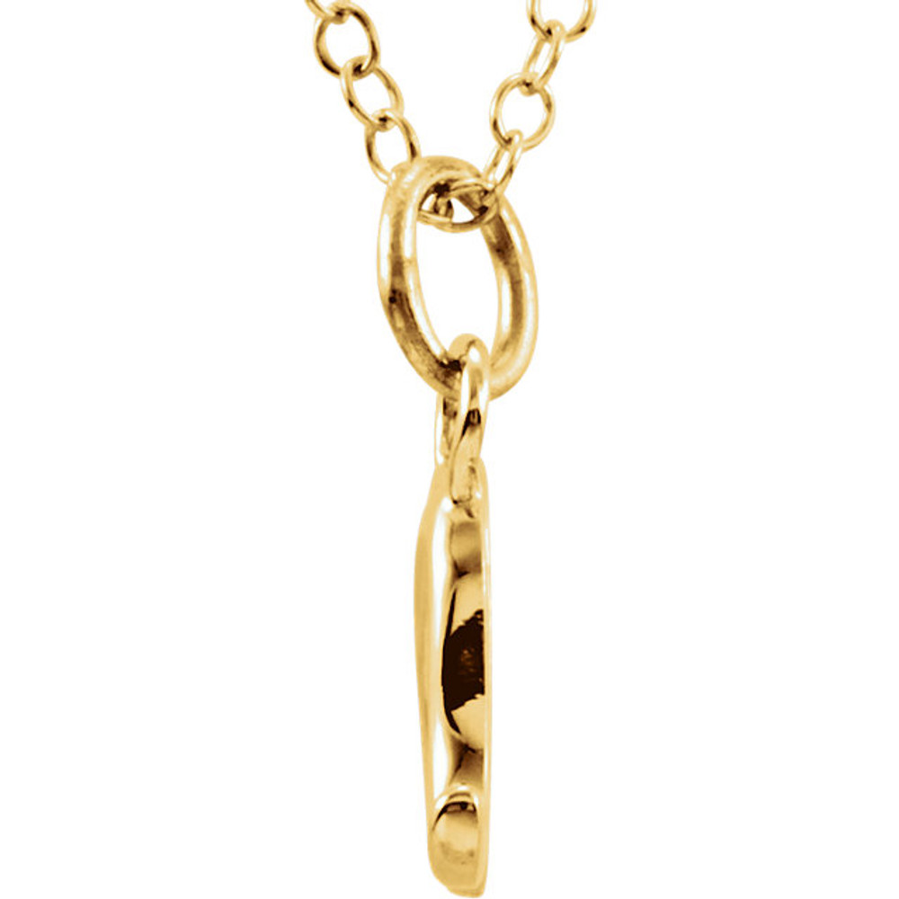 Express your individuality with this beautiful, lower case script initial necklace rendered in polished 14k gold. The petite pendant is approximately 9.40mm in width. The 1.3mm open cable chain closes with a lobster clasp and is 18 inches in length.