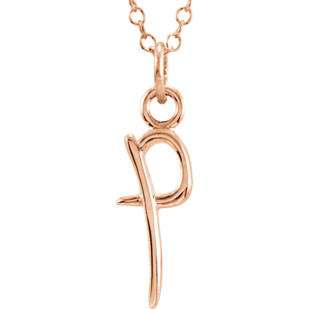 Express your individuality with this beautiful, lower case script initial necklace rendered in polished 14k gold. The petite pendant is approximately 5.50mm in width. The 1.3mm open cable chain closes with a lobster clasp and is 18 inches in length.